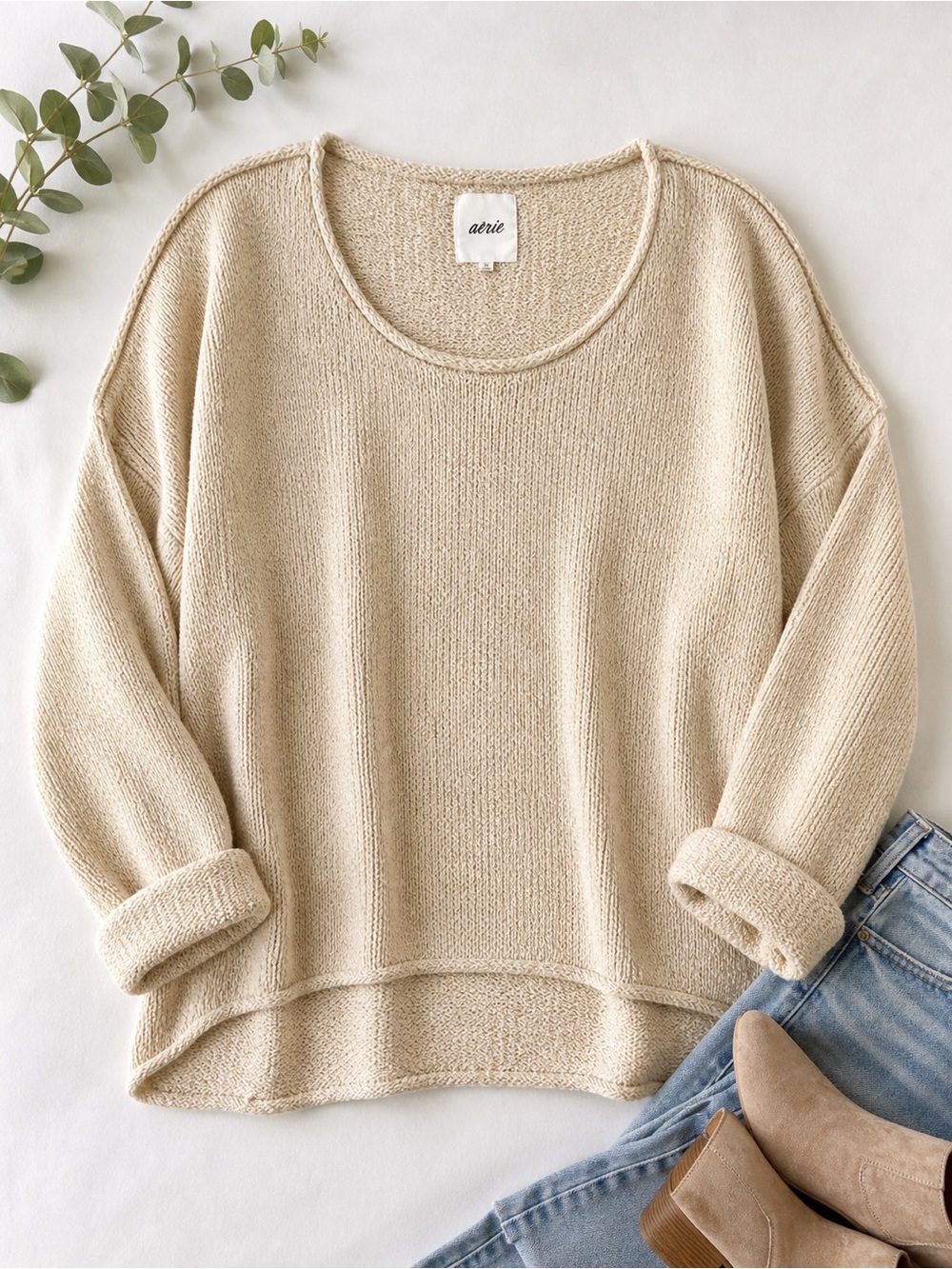Aerie Womens Scoop Neckline Oversized Knit Top Beige Pullover Sweater Sz Medium